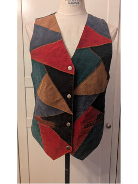 Women's Vintage Suede Patchwork Vest, Size M, Multi-color